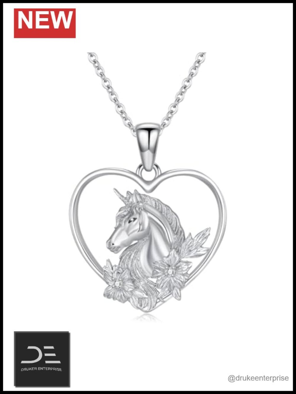 925 Sterling Silver Diamond Unicorn Pendant Necklace 18+2 Inch